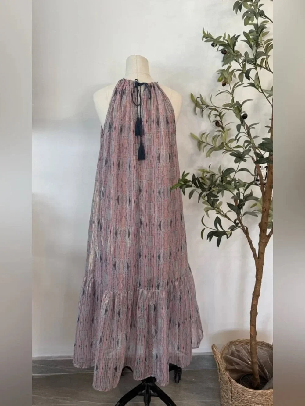 World Market Metallic Stripe Halter Midi Dress S/M Pink Gray Boho - Picture 5 of 7